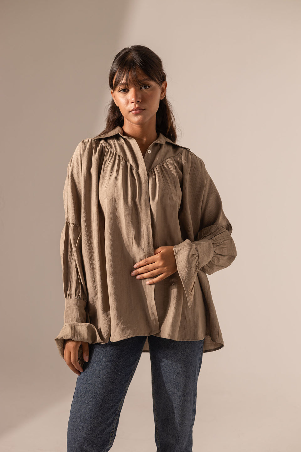 Coffe Loose-Fit Blouse with Flared Sleeves