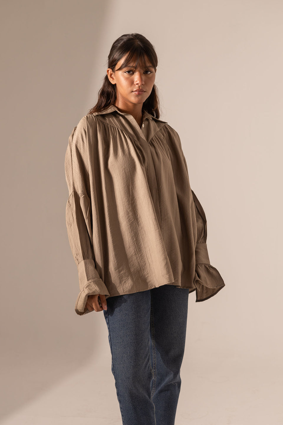 Coffe Loose-Fit Blouse with Flared Sleeves