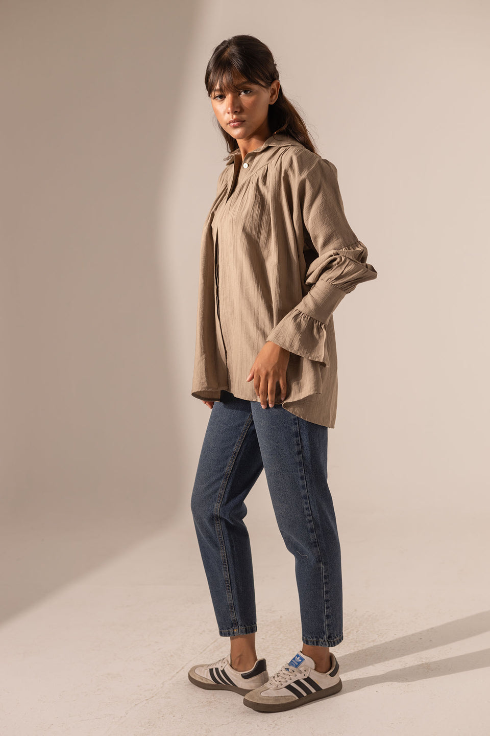 Coffe Loose-Fit Blouse with Flared Sleeves