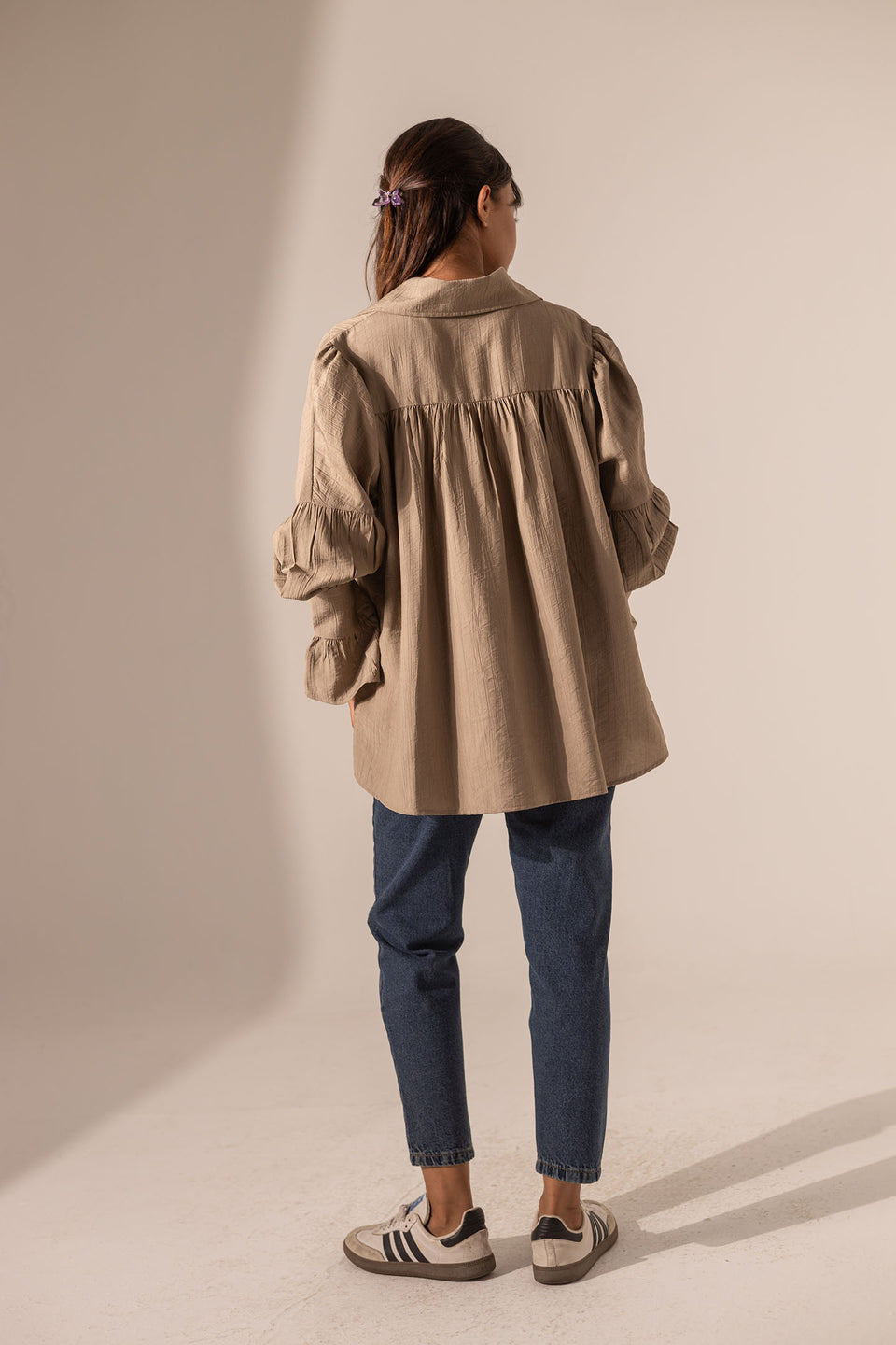 Coffe Loose-Fit Blouse with Flared Sleeves