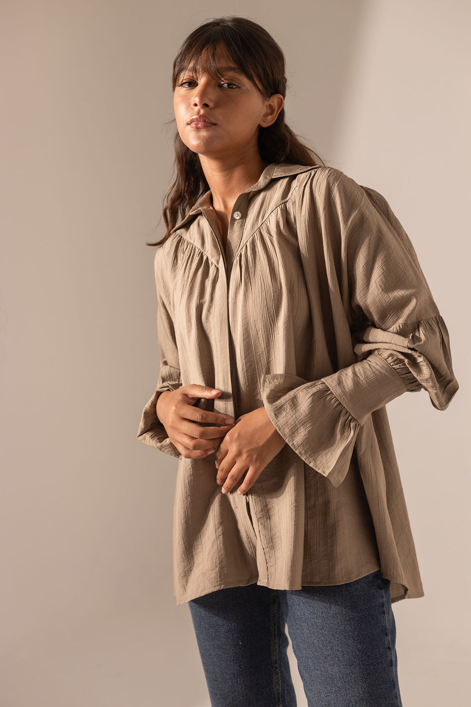 Coffe Loose-Fit Blouse with Flared Sleeves