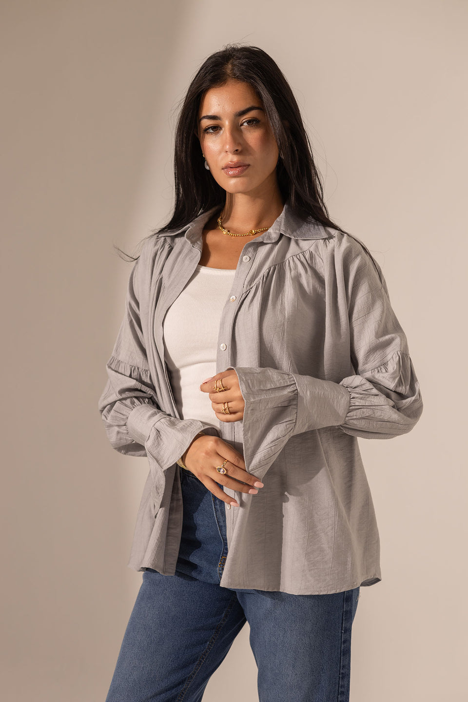 Grey Loose-Fit Blouse with Flared Sleeves