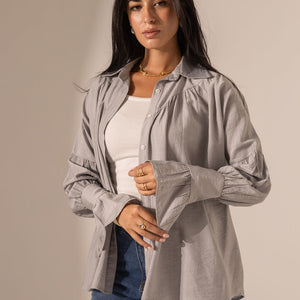 Grey Loose-Fit Blouse with Flared Sleeves