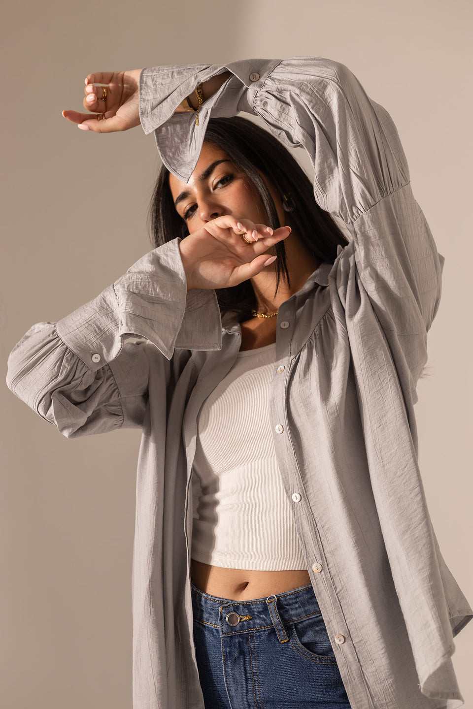 Grey Loose-Fit Blouse with Flared Sleeves