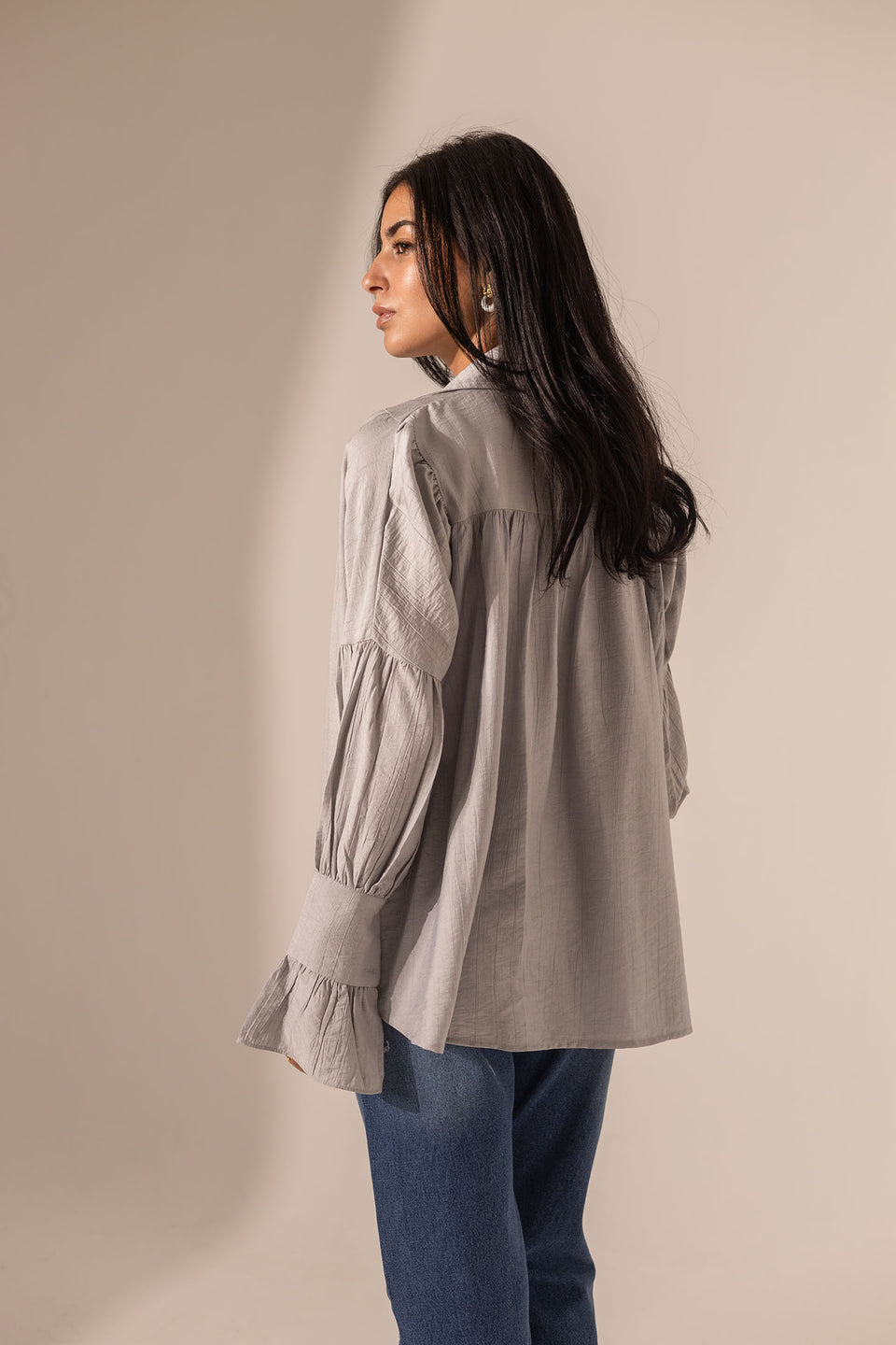 Grey Loose-Fit Blouse with Flared Sleeves