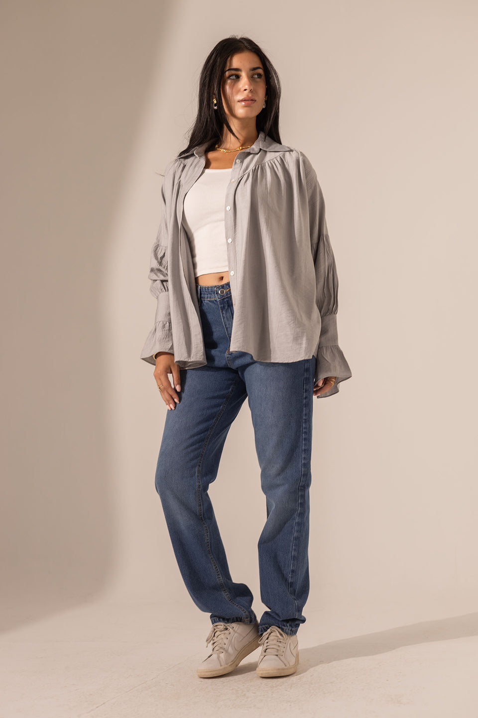 Grey Loose-Fit Blouse with Flared Sleeves