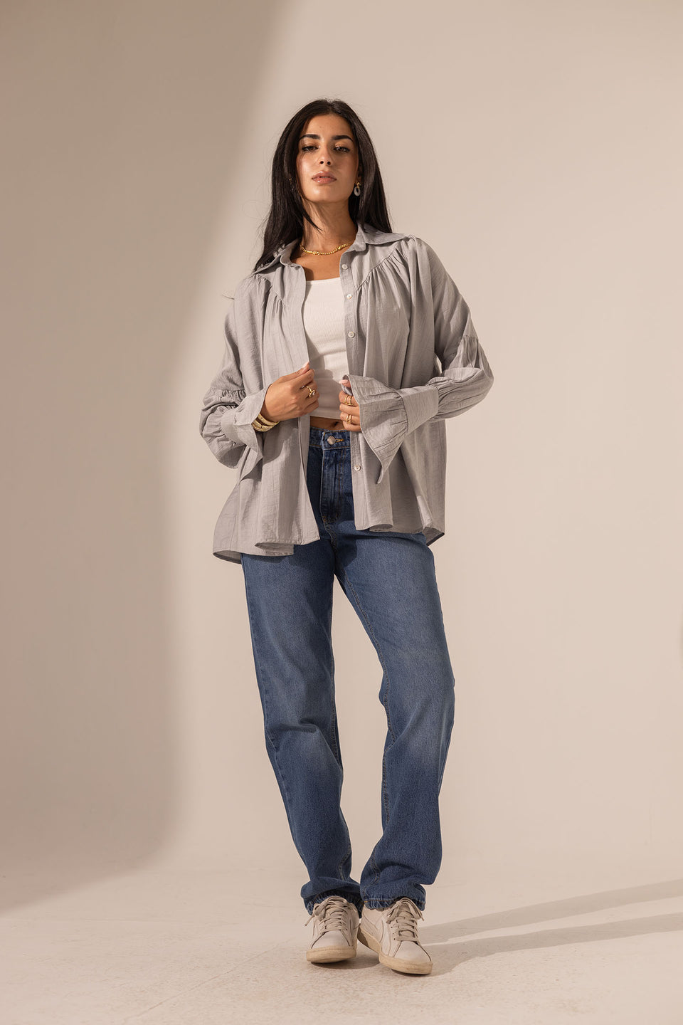 Grey Loose-Fit Blouse with Flared Sleeves