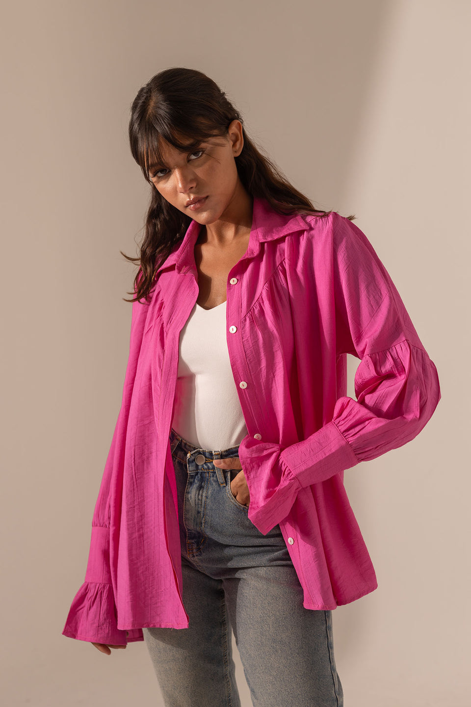 Pink Loose-Fit Blouse with Flared Sleeves