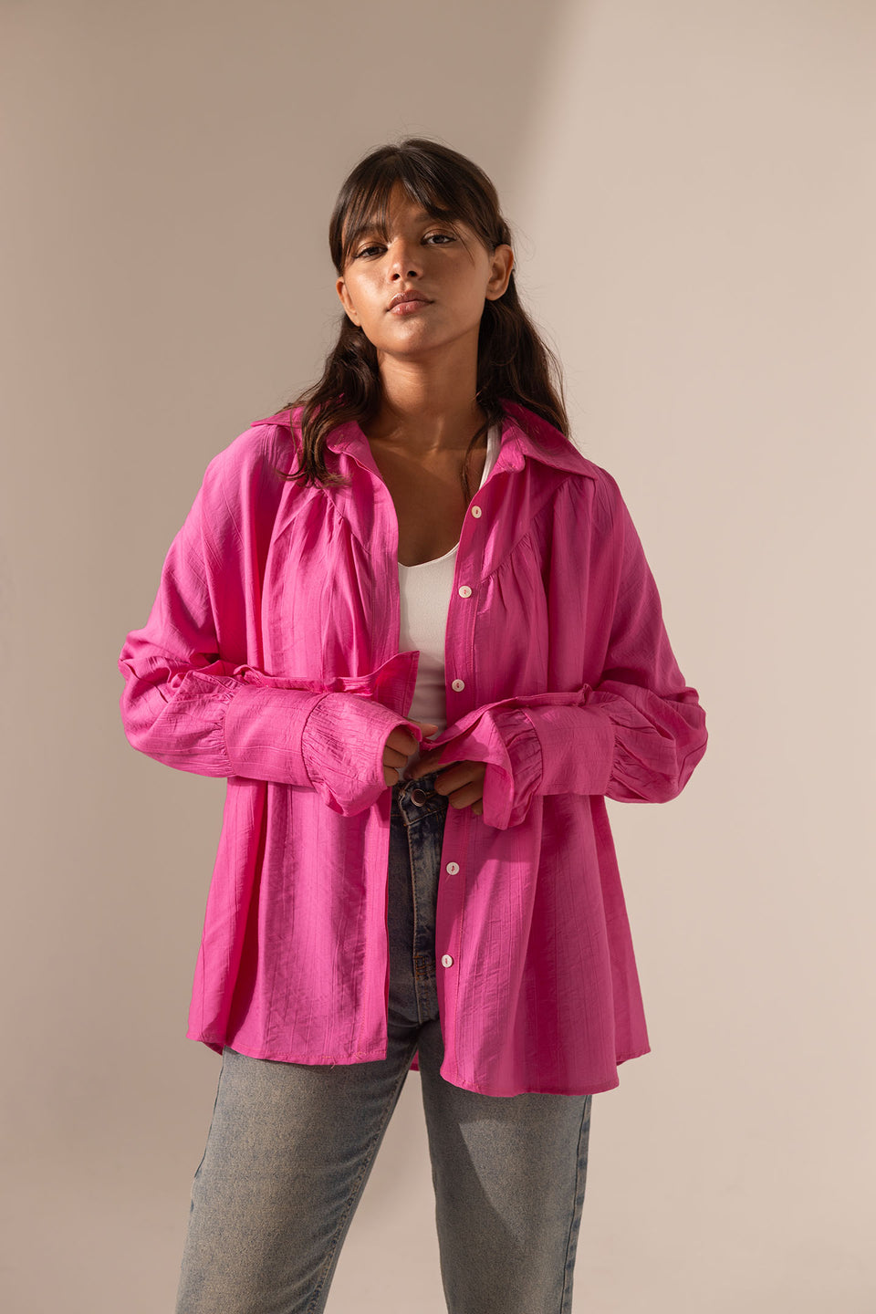 Pink Loose-Fit Blouse with Flared Sleeves