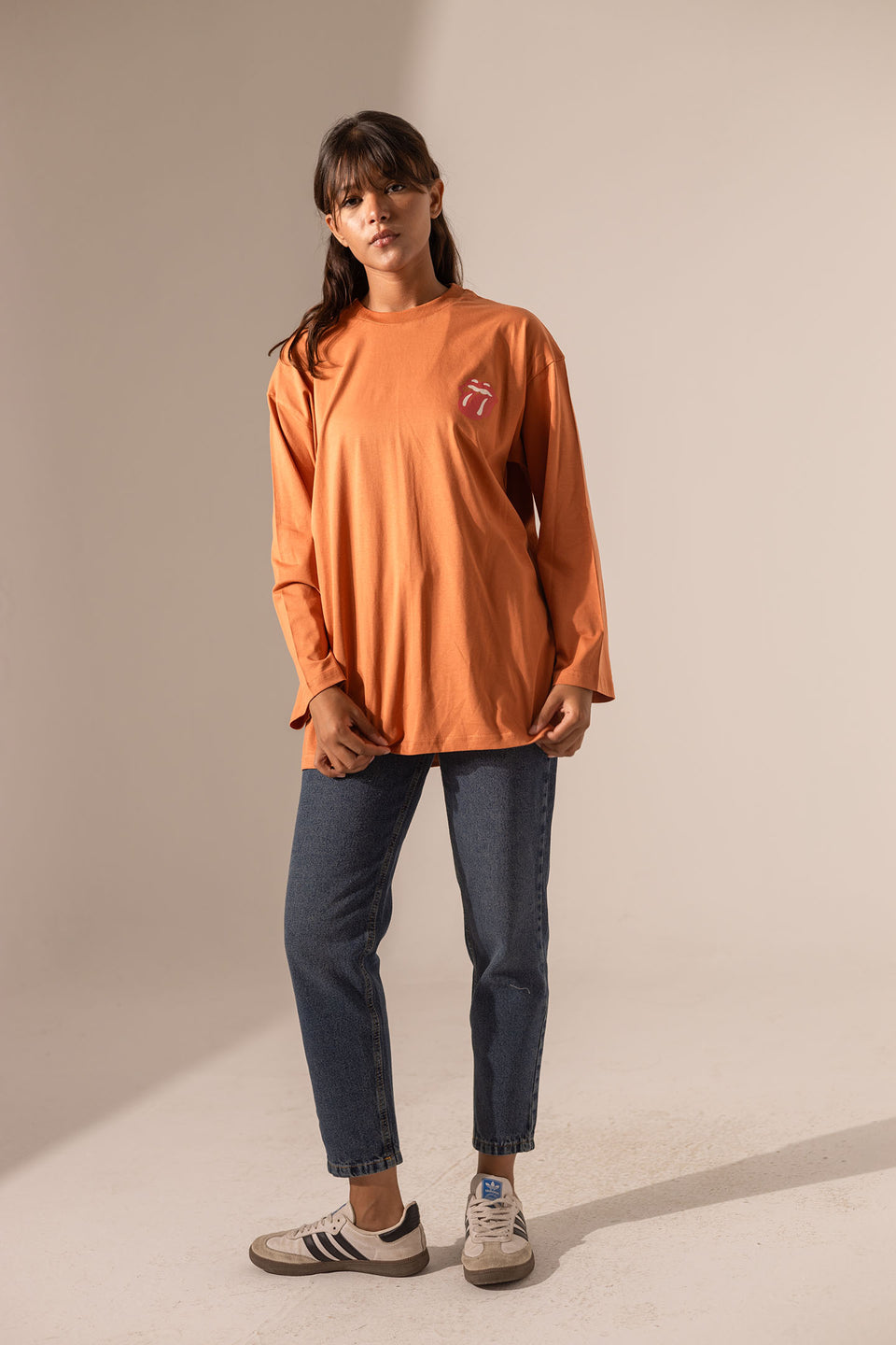 Orange Printed Long Sleeves T-Shirt