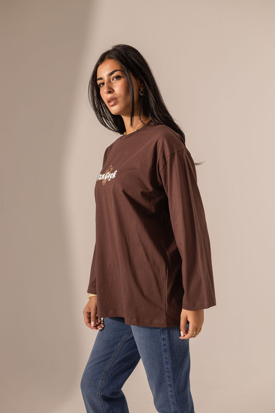 Brown Printed Long Sleeves T-Shirt