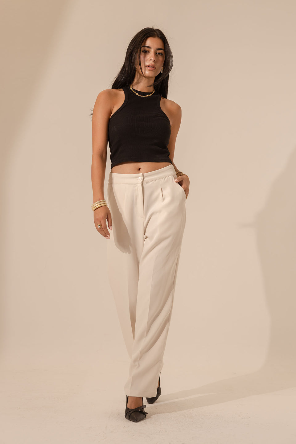 Beige Formal Wide Leg Pants