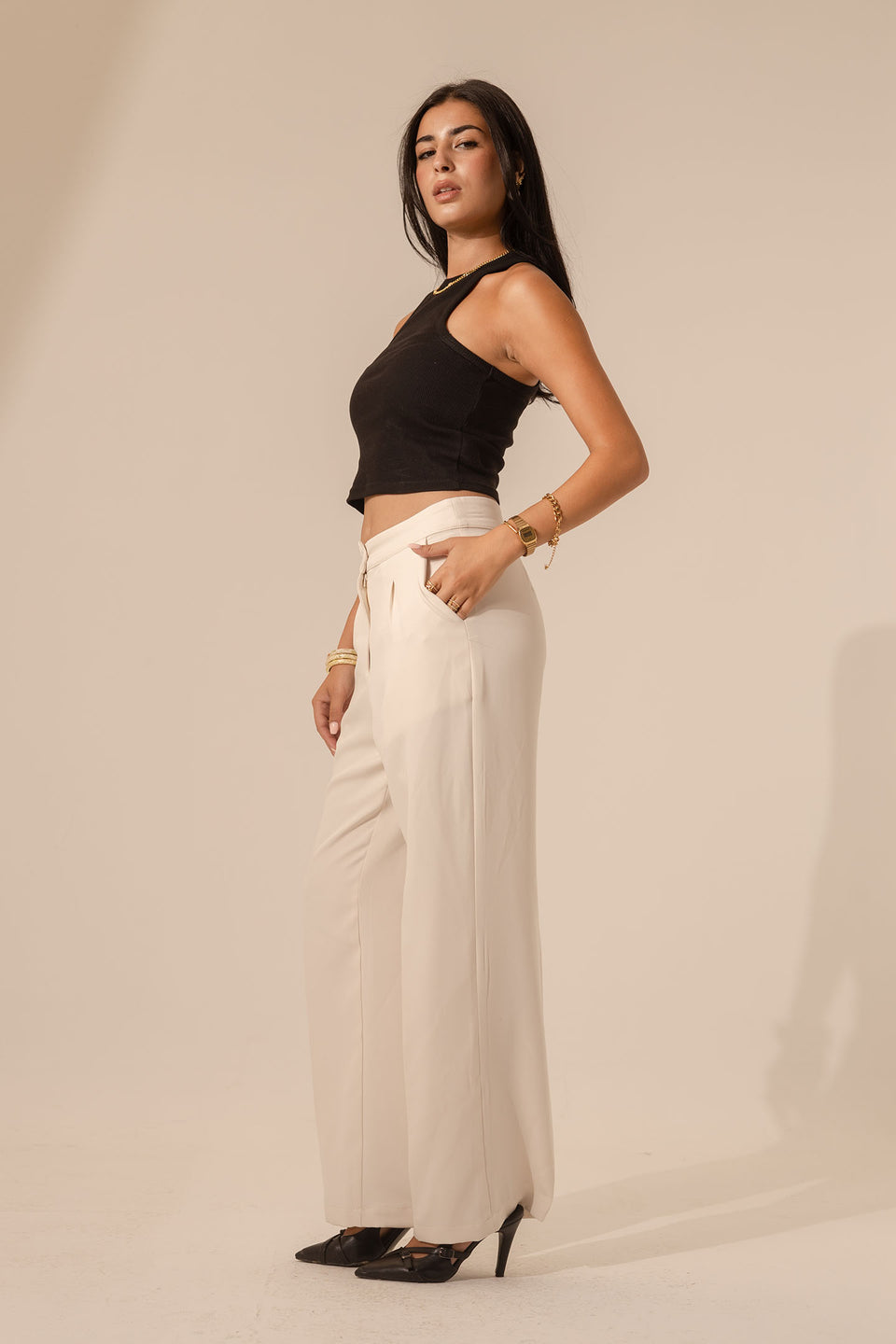 Beige Formal Wide Leg Pants