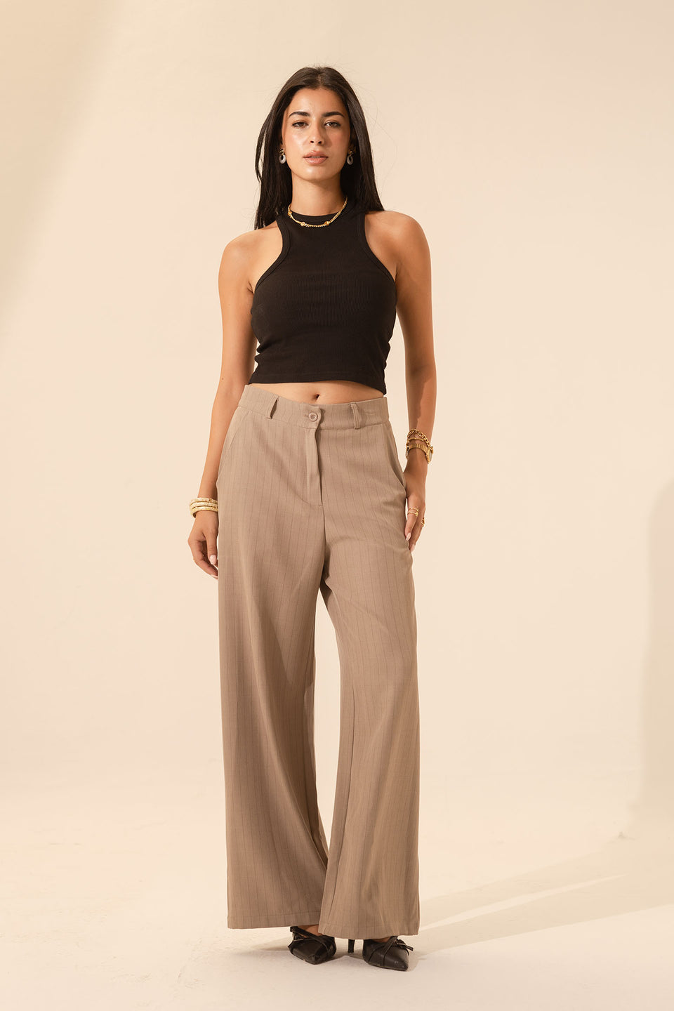 Coffe Pinstripe Wide-Leg Pants