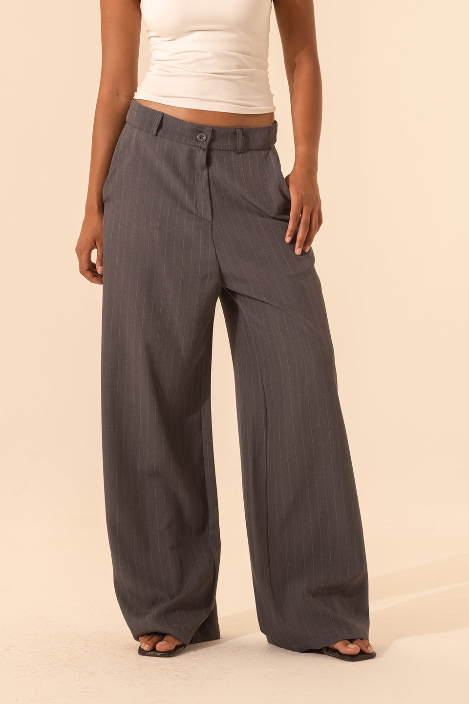Dark Grey Pinstripe Wide-Leg Pants