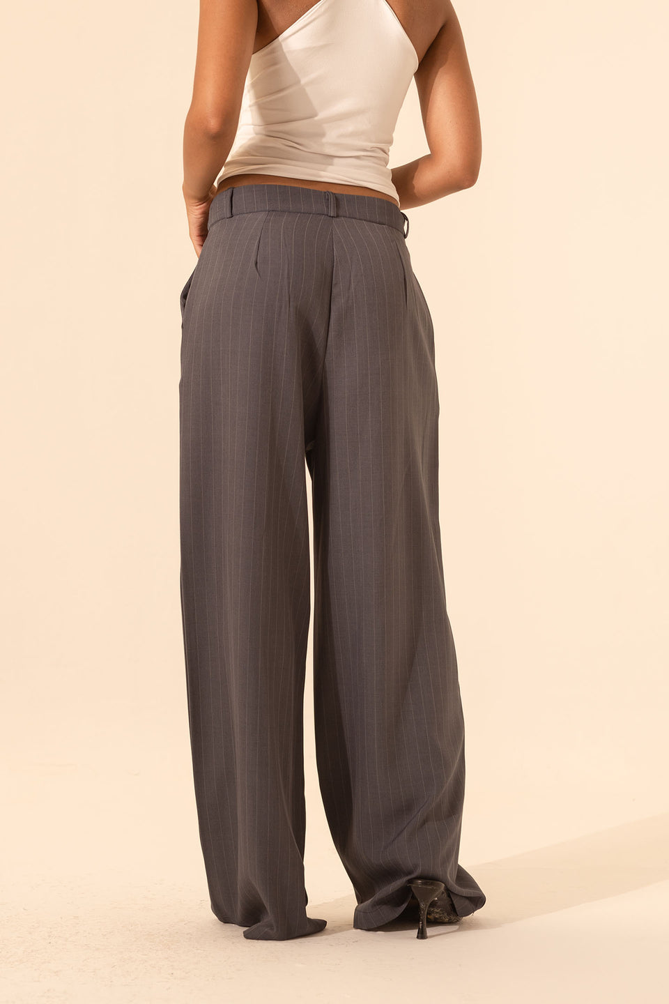 Dark Grey Pinstripe Wide-Leg Pants