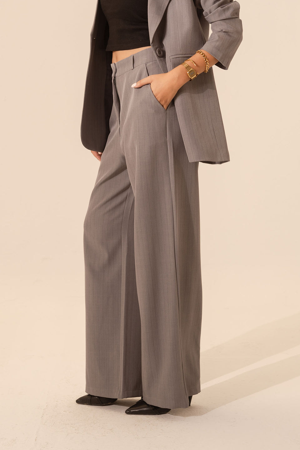 Grey Pinstripe Wide-Leg Pants