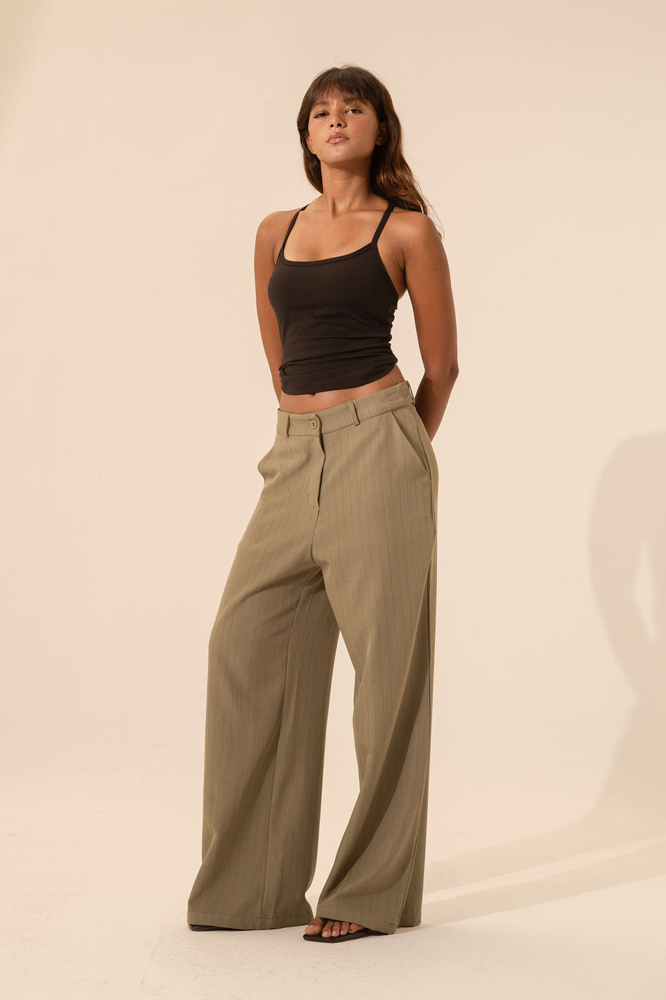 Olive Pinstripe Wide-Leg Pants