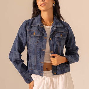 Denim Checkers Patterned Cropped Jacket