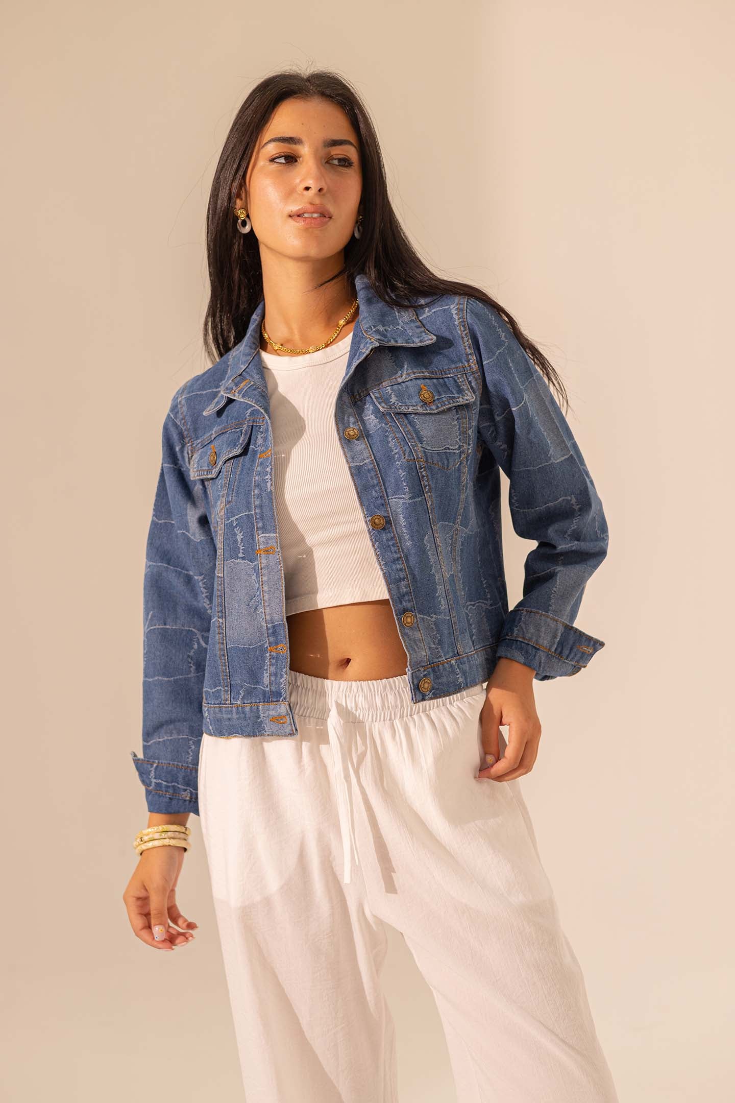 Denim Checkers Patterned Cropped Jacket