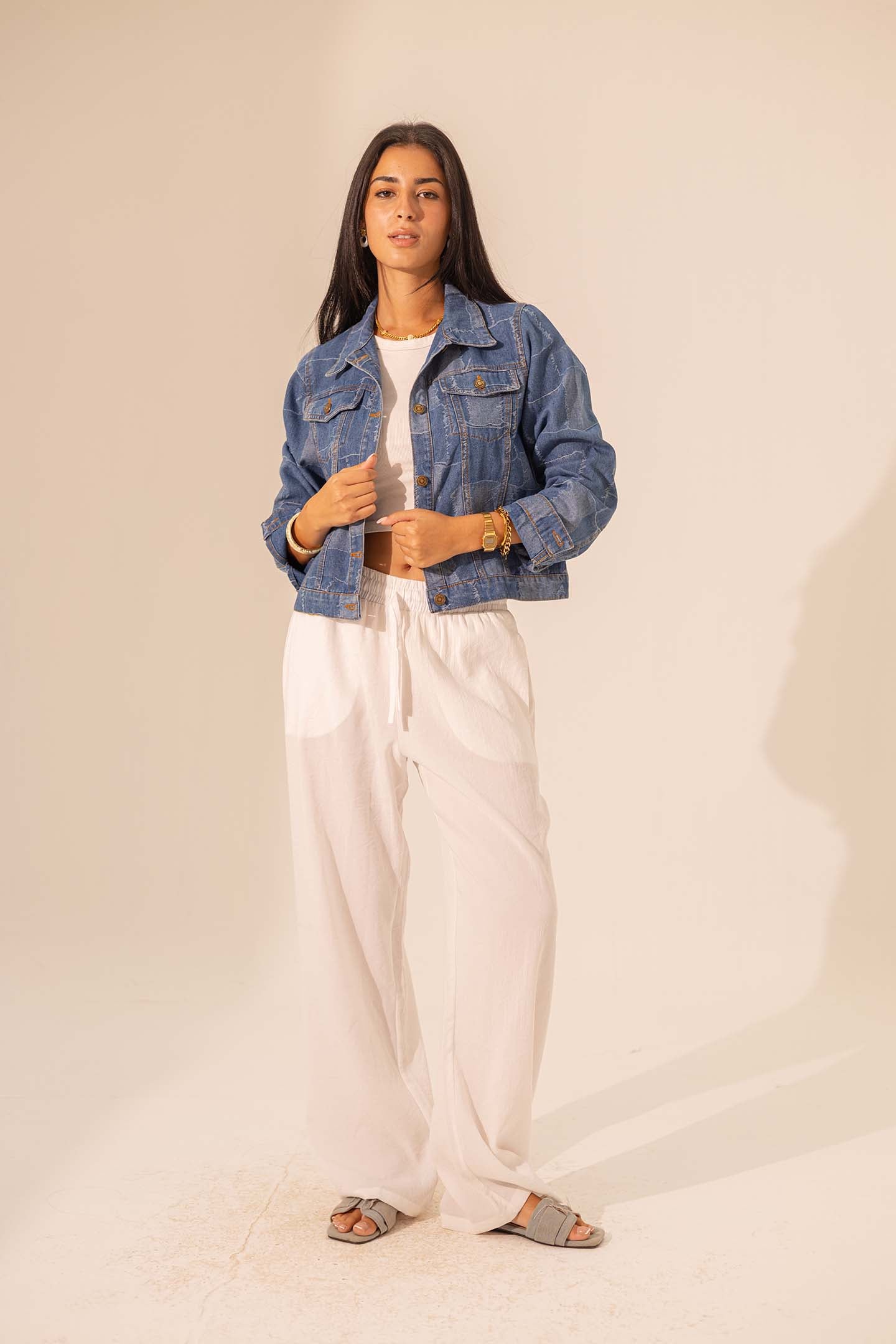 Denim Checkers Patterned Cropped Jacket
