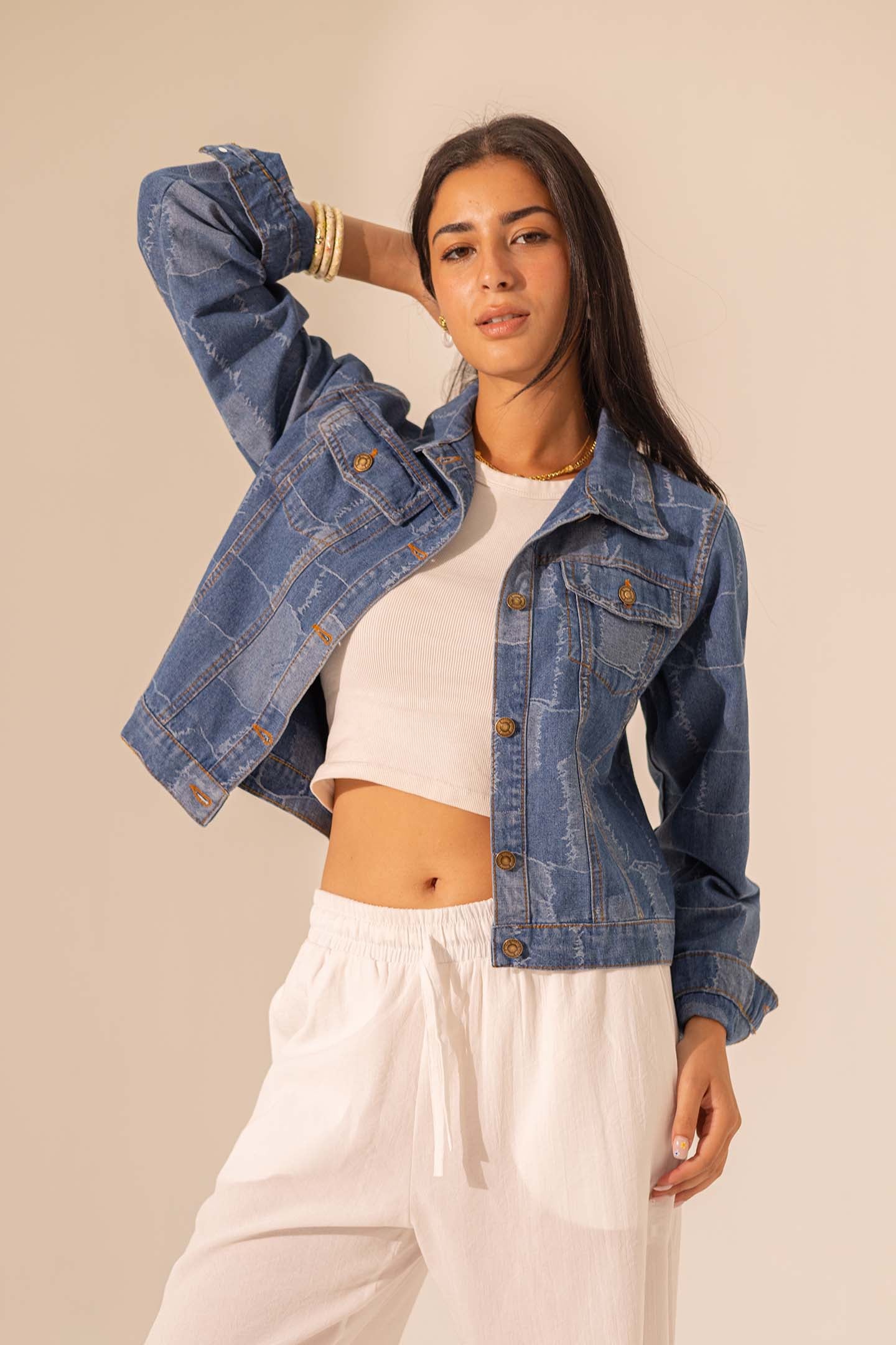 Denim Checkers Patterned Cropped Jacket
