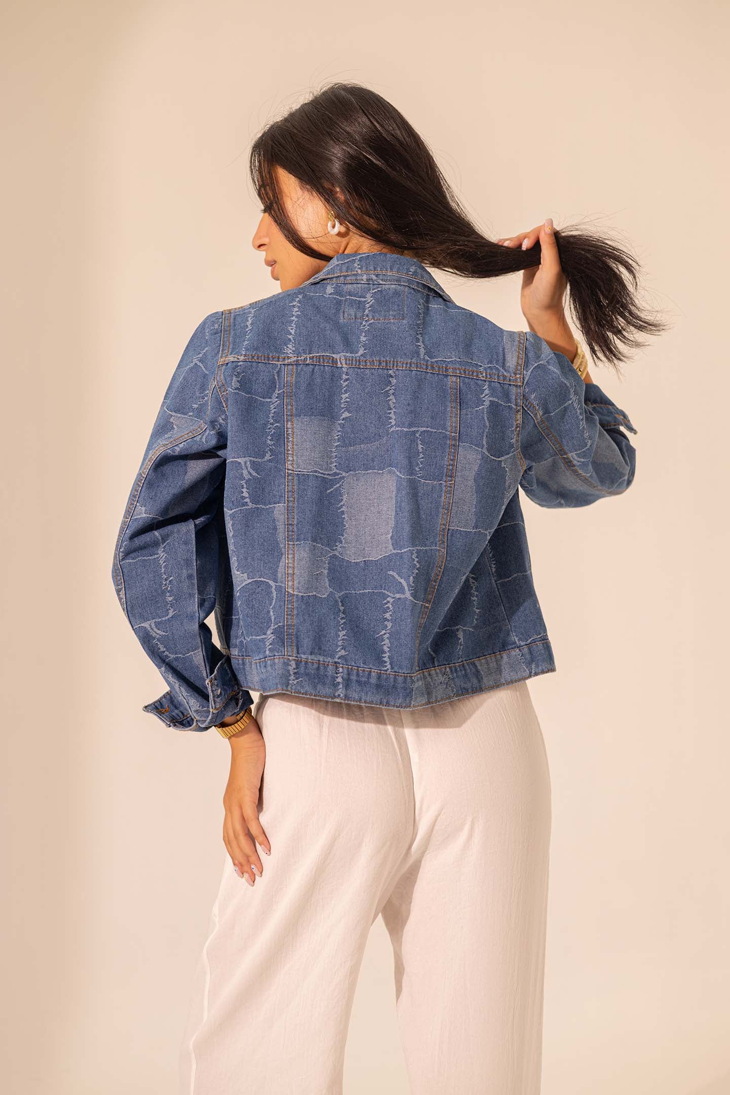 Denim Checkers Patterned Cropped Jacket