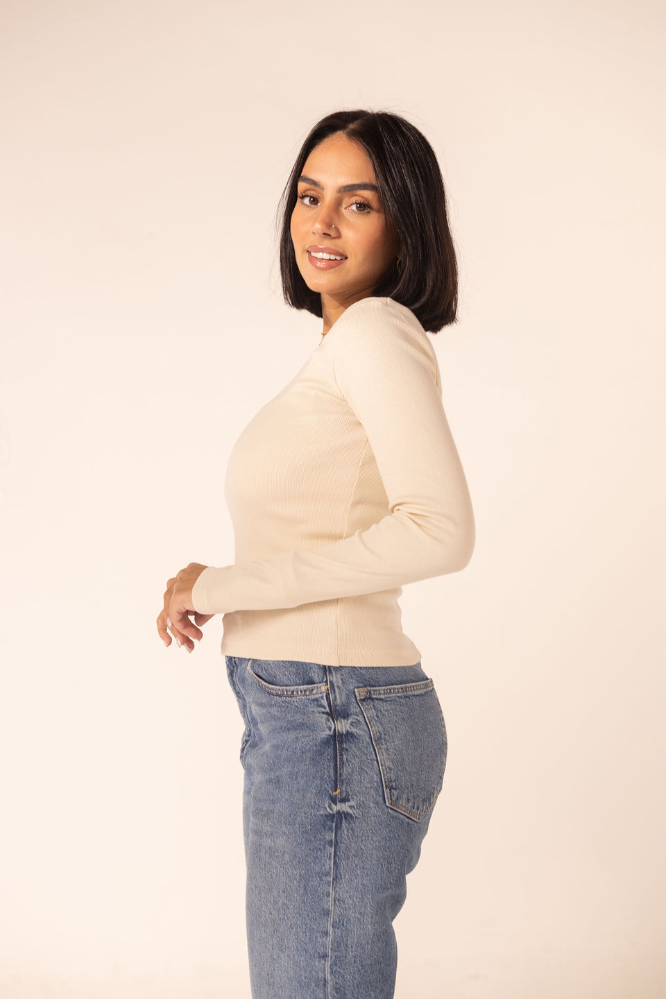 Beige Ribbed Long Sleeve Scoop Neck Basic
