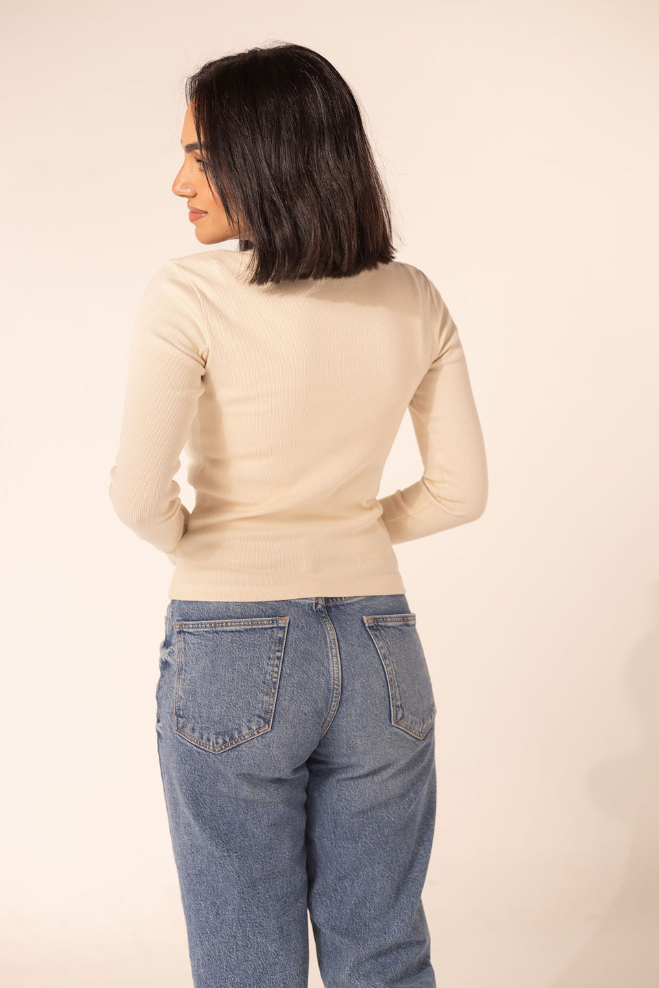 Beige Ribbed Long Sleeve Scoop Neck Basic
