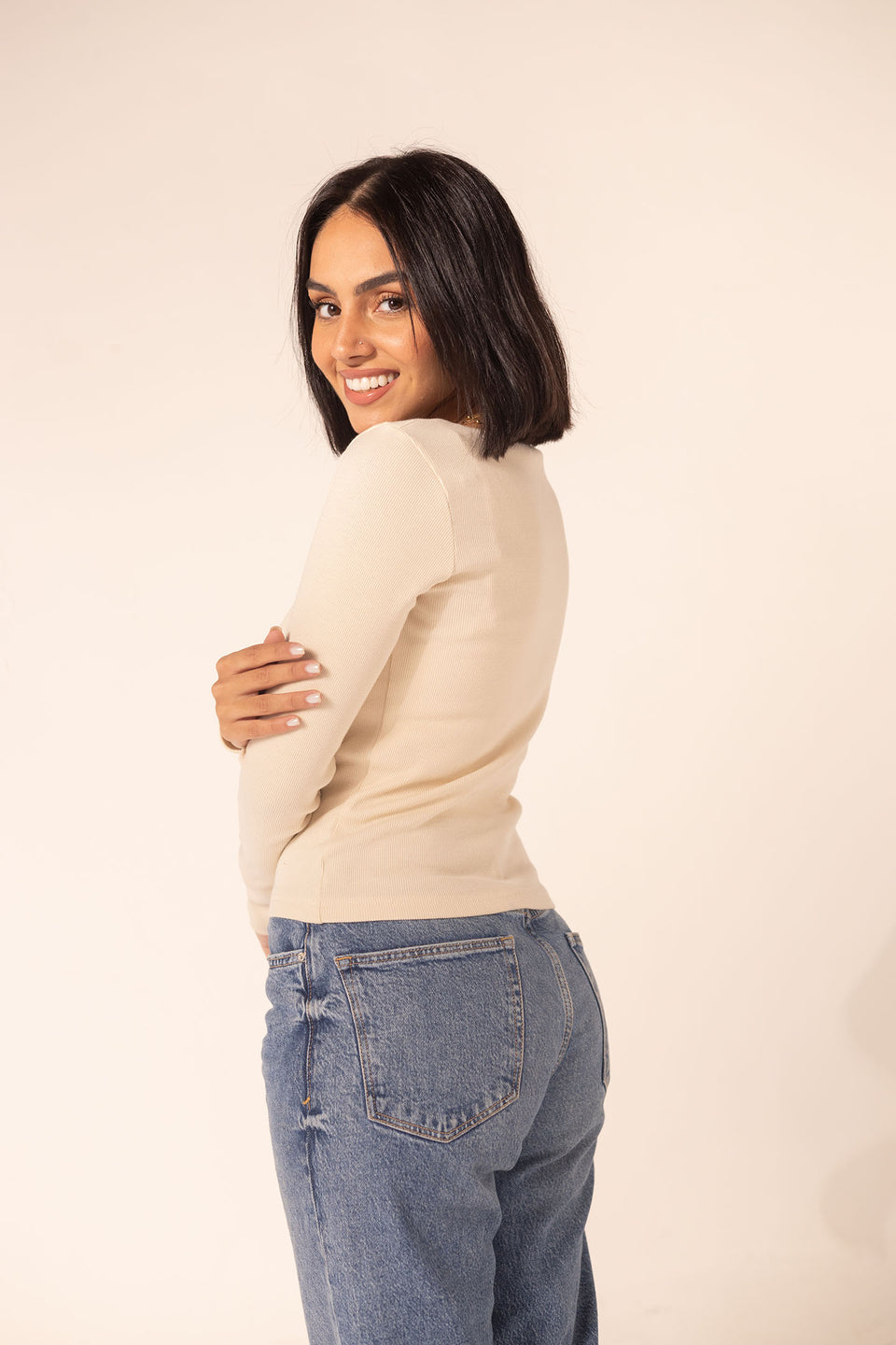 Beige Ribbed Long Sleeve Scoop Neck Basic