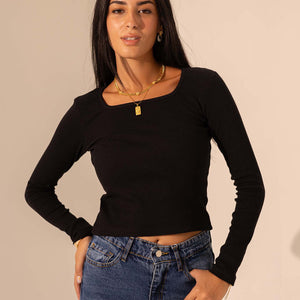 Black Ribbed Long Sleeve Scoop Neck Basic