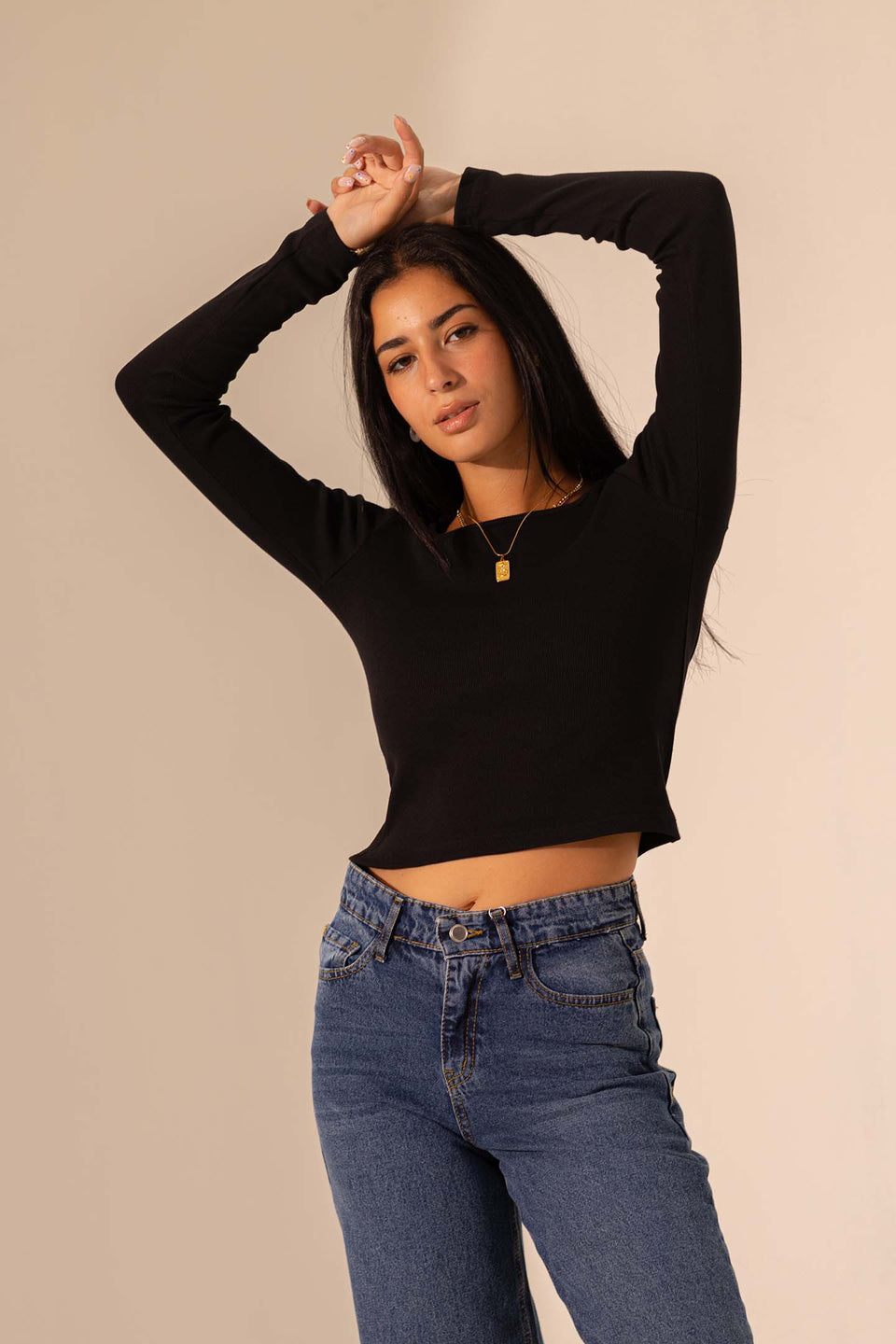 Black Ribbed Long Sleeve Scoop Neck Basic