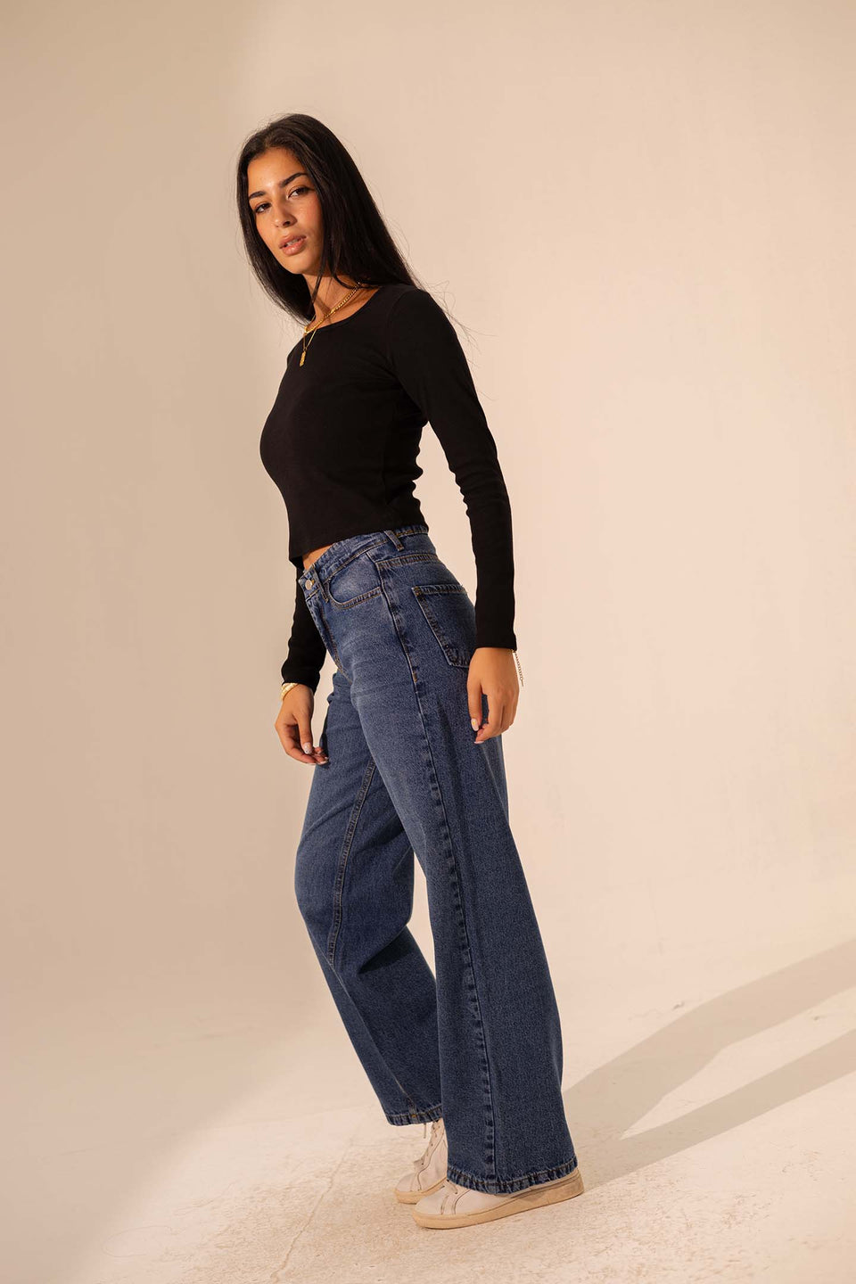 Black Ribbed Long Sleeve Scoop Neck Basic