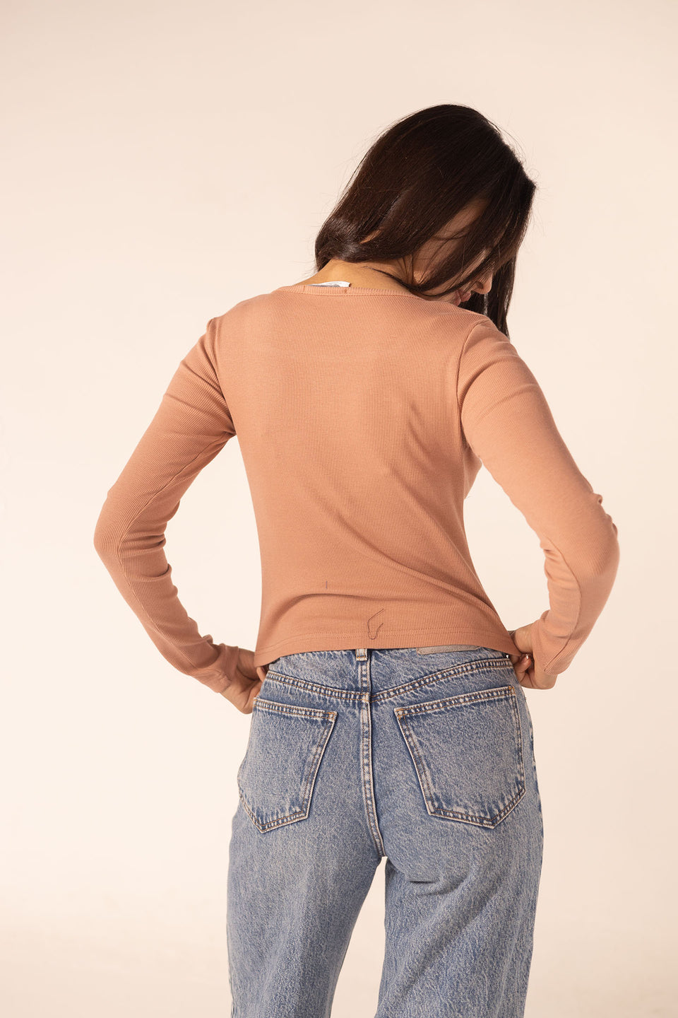 Coffe Ribbed Long Sleeve Scoop Neck Basic