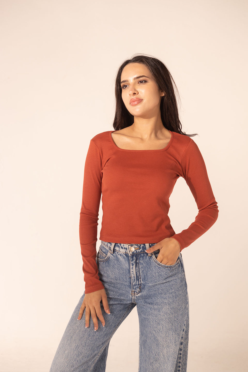Orange Ribbed Long Sleeve Scoop Neck Basic