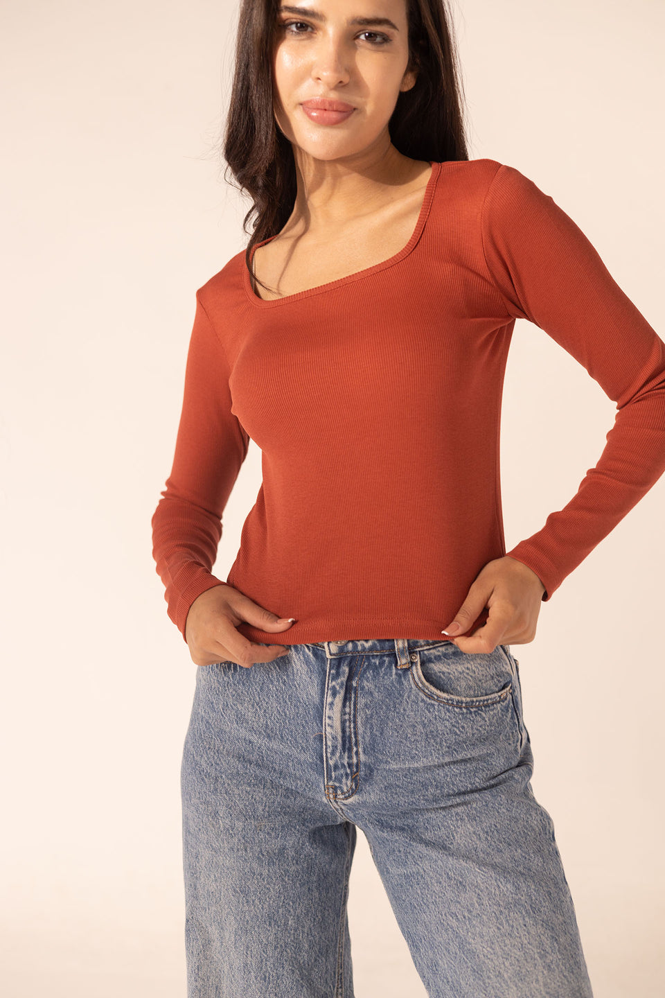 Orange Ribbed Long Sleeve Scoop Neck Basic