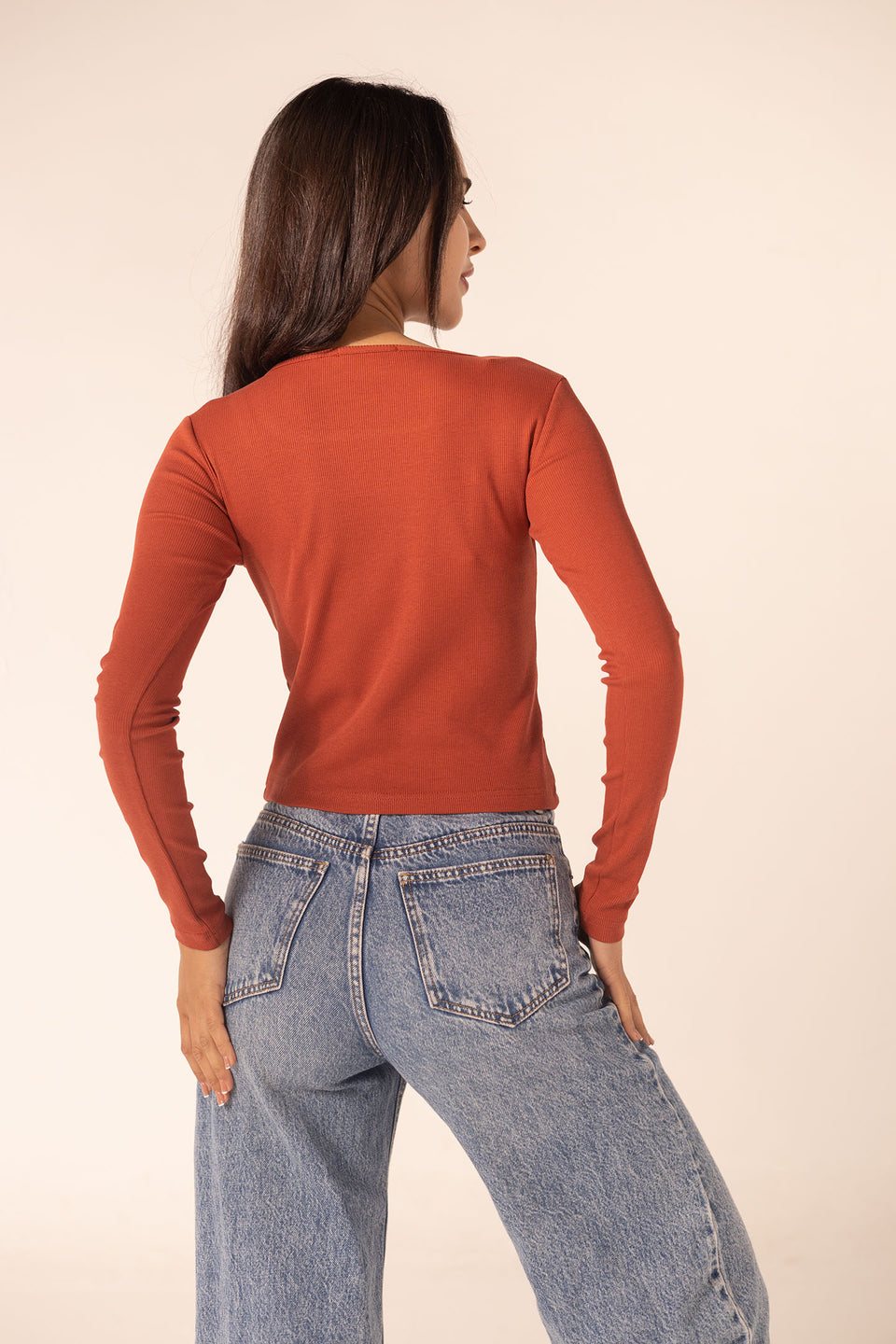 Orange Ribbed Long Sleeve Scoop Neck Basic