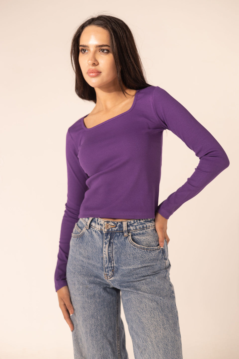 Purple Ribbed Long Sleeve Scoop Neck Basic