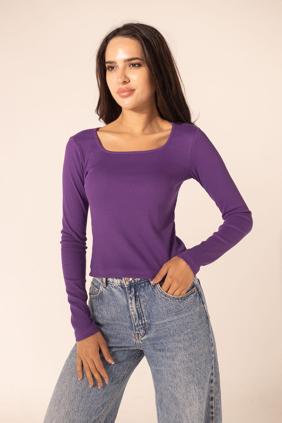 Purple Ribbed Long Sleeve Scoop Neck Basic