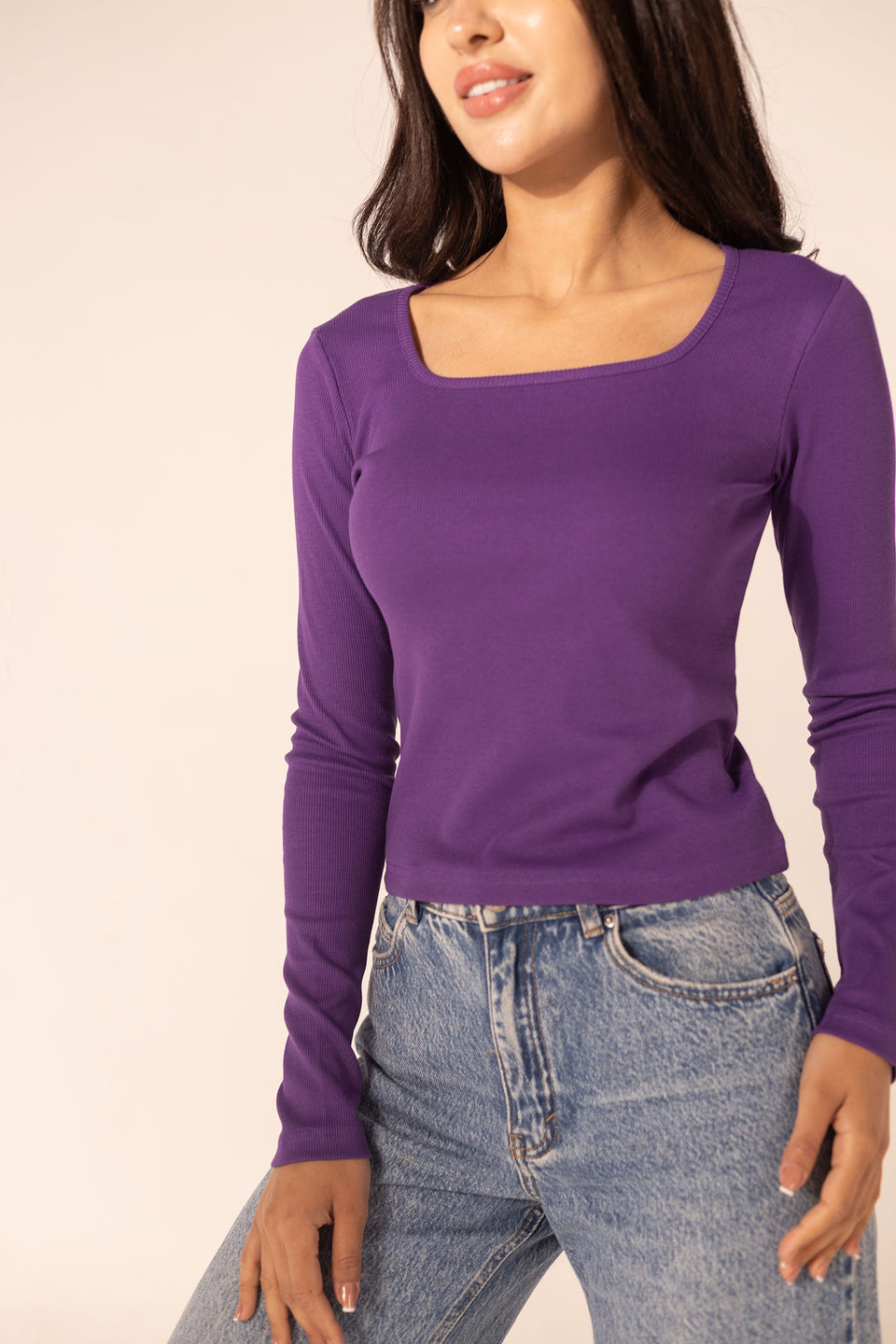 Purple Ribbed Long Sleeve Scoop Neck Basic