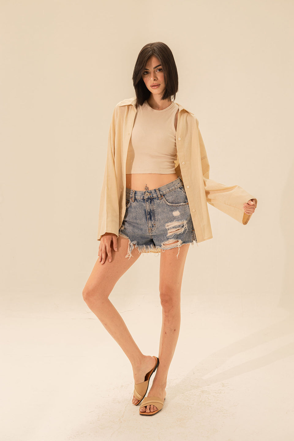 Beige Linen Wide Sleeves Shirt