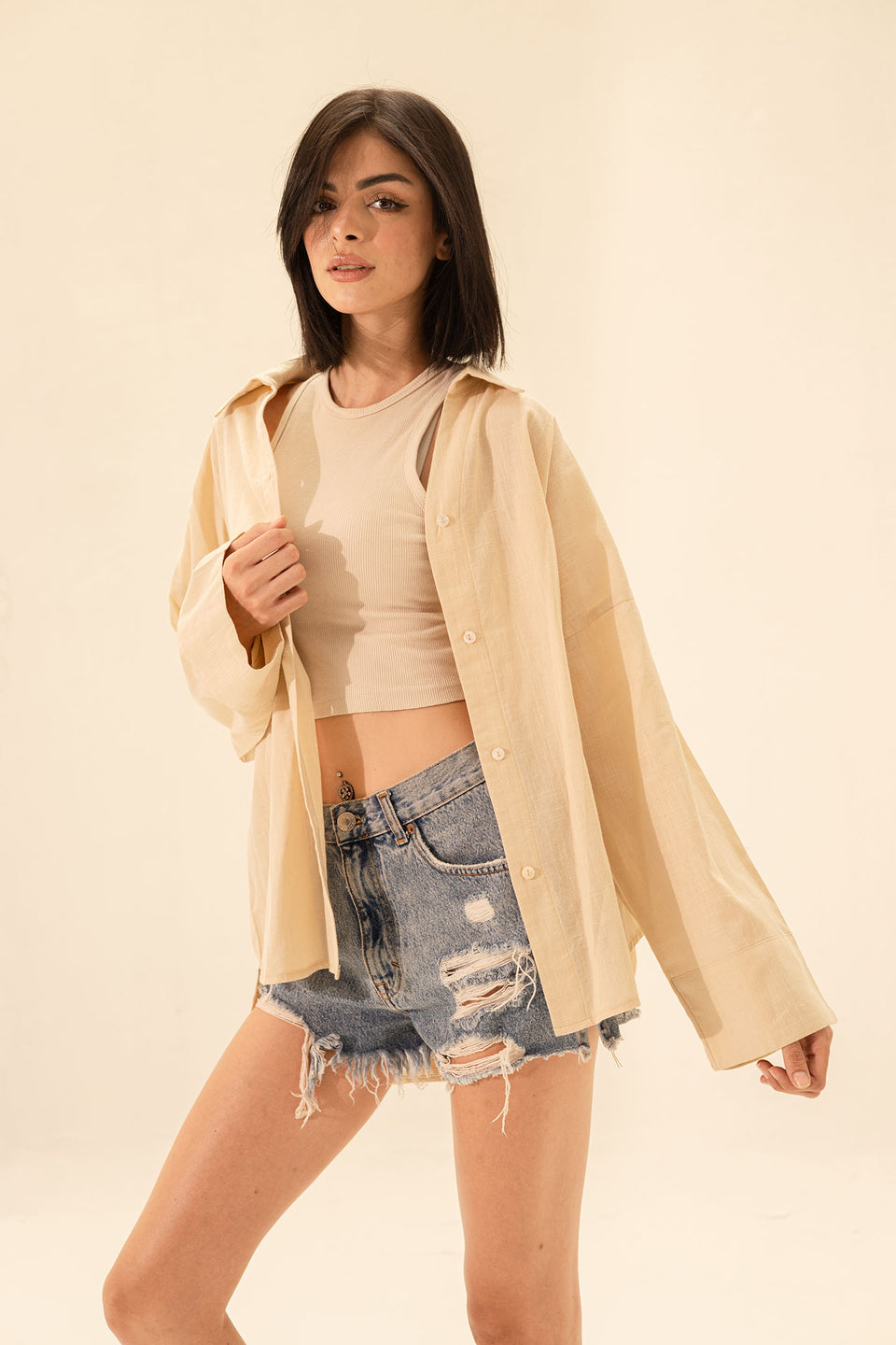 Beige Linen Wide Sleeves Shirt