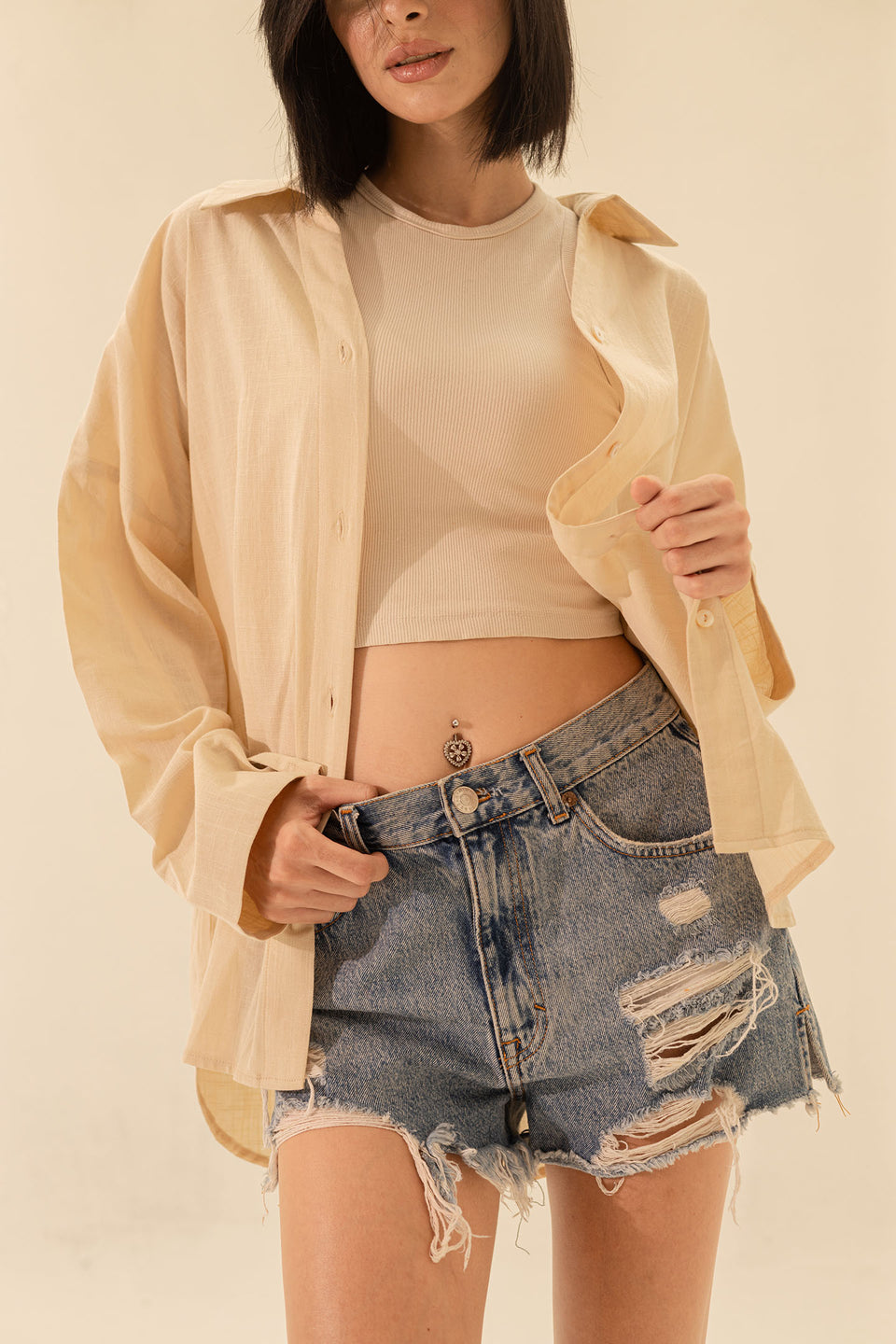 Beige Linen Wide Sleeves Shirt