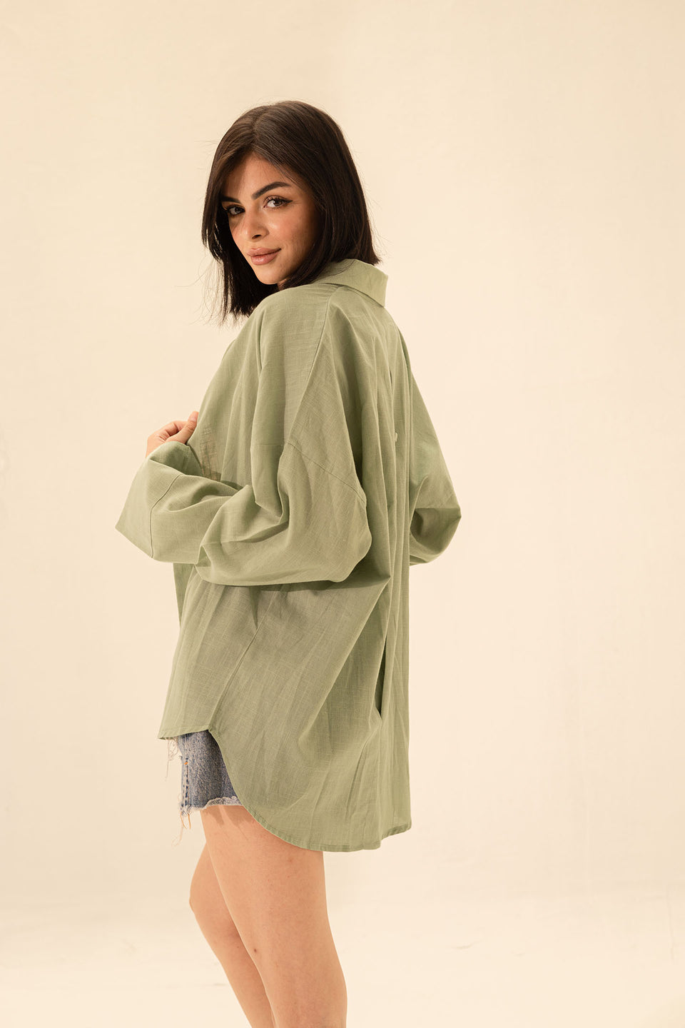 Olive Linen Wide Sleeves Shirt