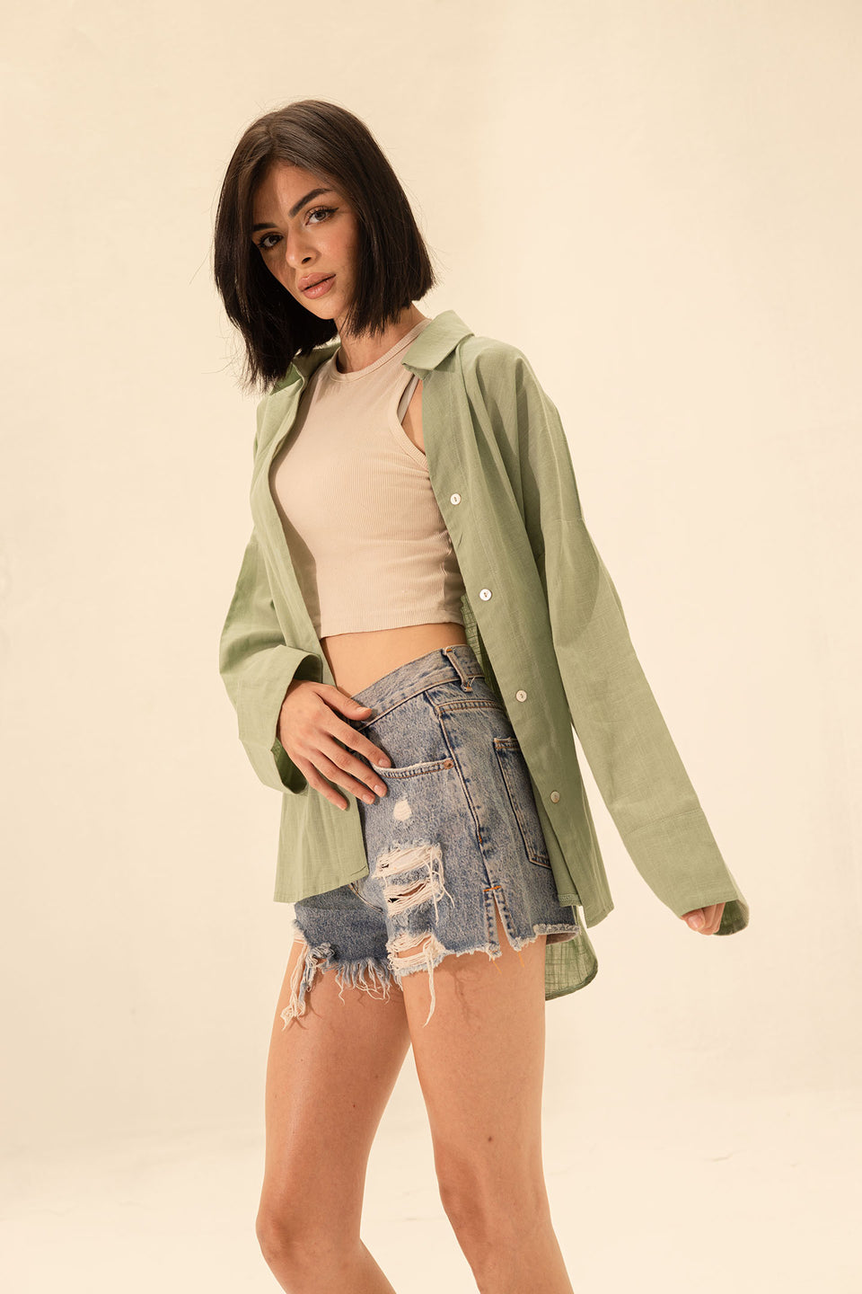 Olive Linen Wide Sleeves Shirt