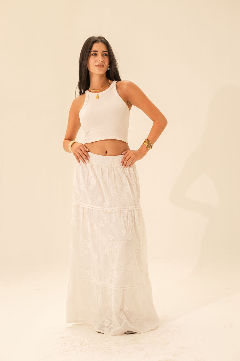 White Embroidered Maxi Skirt