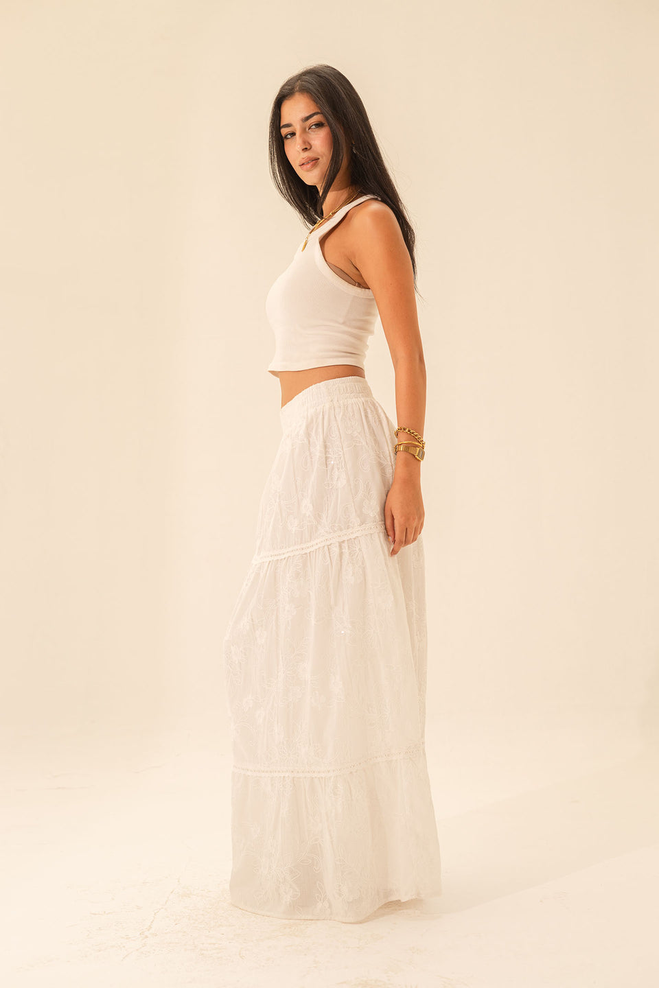 White Embroidered Maxi Skirt
