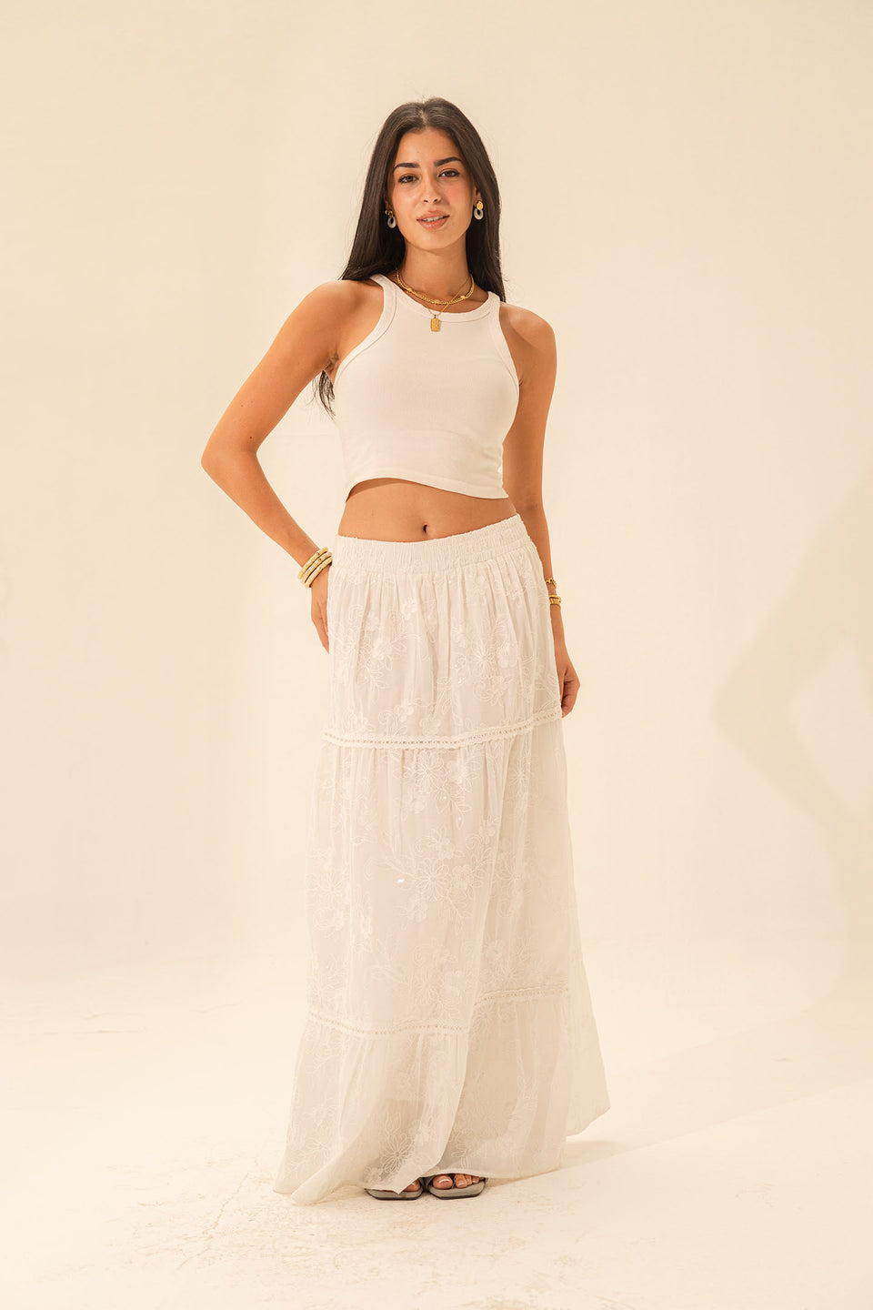 White Embroidered Maxi Skirt