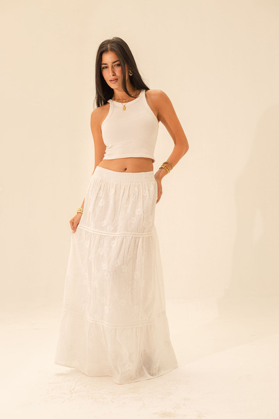White Embroidered Maxi Skirt