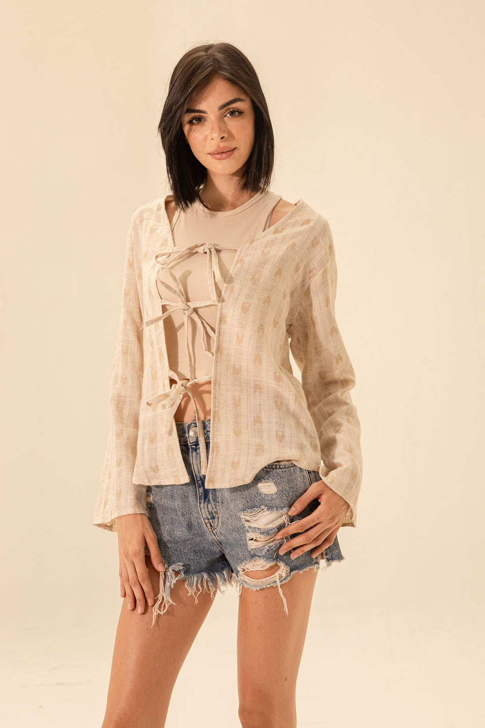 Beige Casual Bohemian Front Tie Blouse